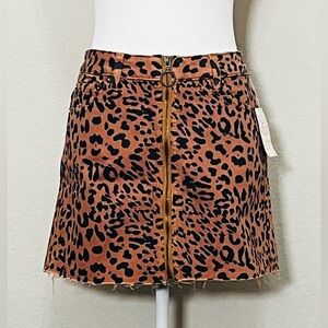 Free People Leopard Print Zip Front Raw Frayed Hem Mini Denim Skirt NWT Size XS